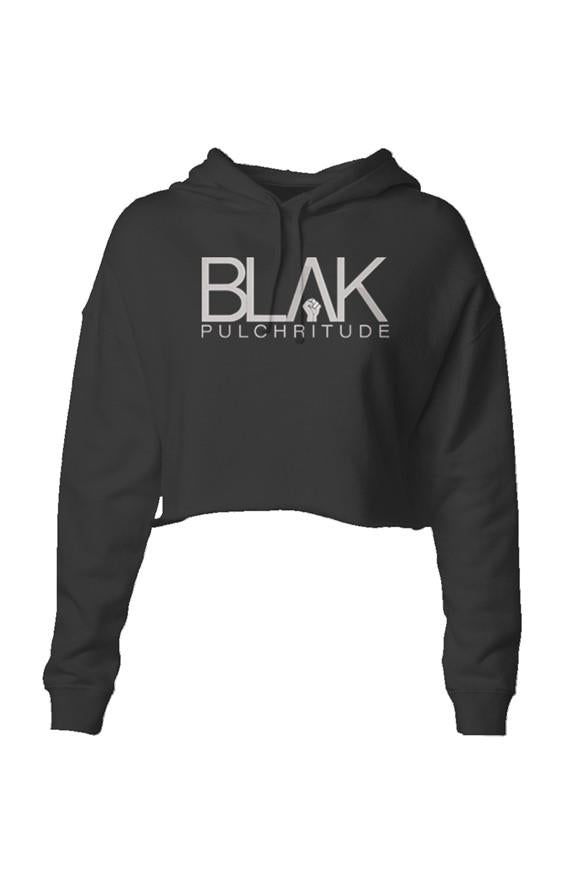 BLVK PULCHRITUDE women’s black cropped hoodie with bold white logo