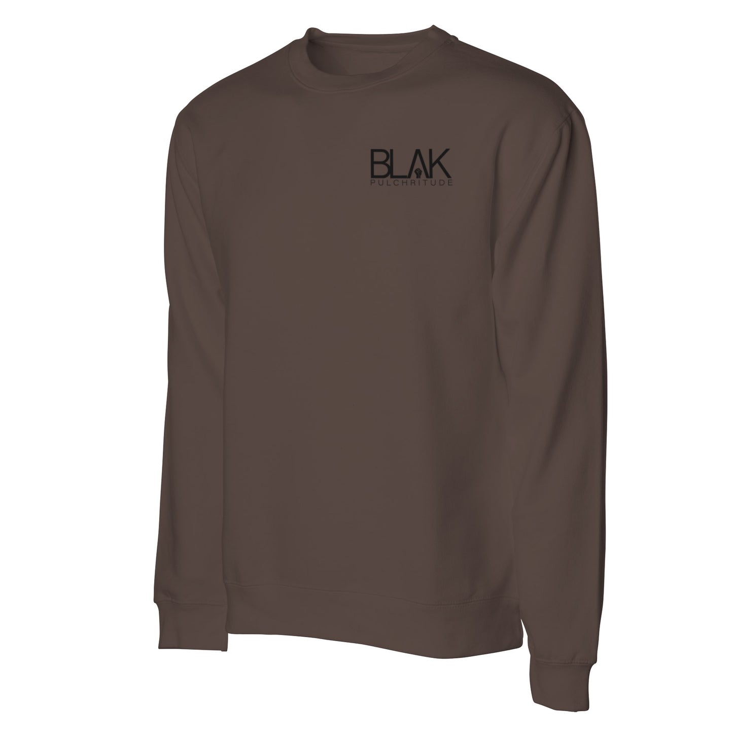 Brown crewneck sweatshirt with small white BLVK PULCHRITUDE logo on left chest – The Crest Collection.