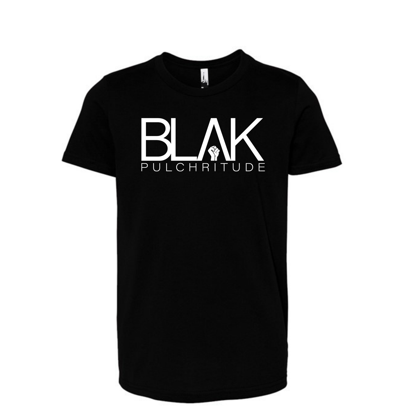 BLVK PULCHRITUDE kids’ black t-shirt with bold white logo.