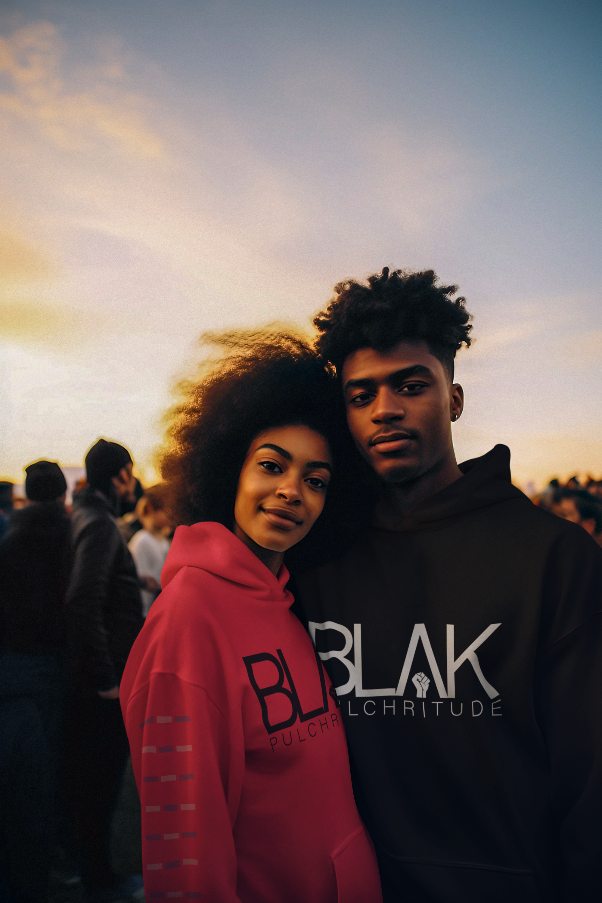 A loving couple in coordinating BLVK Pulchritude hoodies at sunset, leaning into each other—Black love, unity, and power on full display.