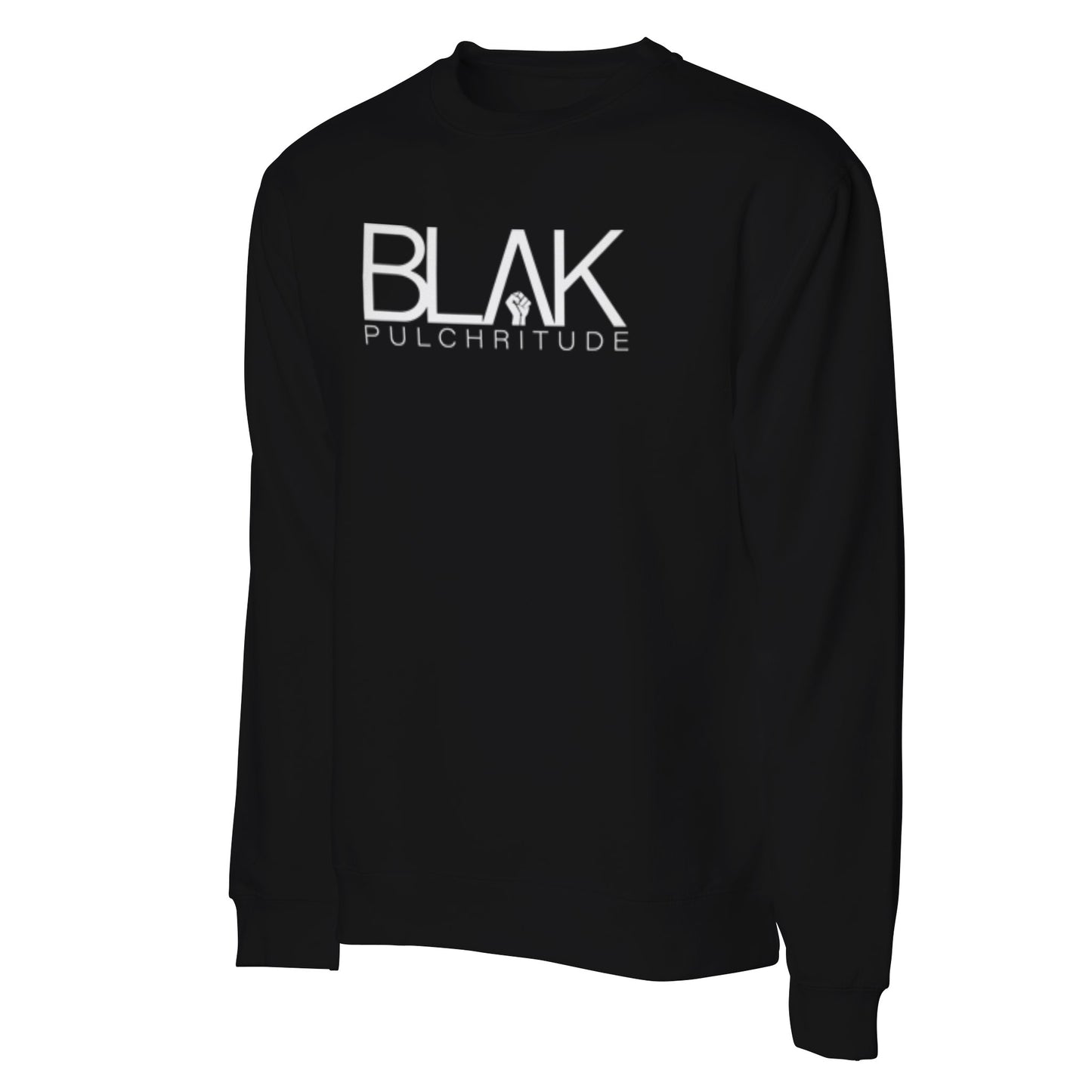 Black crewneck sweatshirt with large BLVK Pulchritude front logo, bold luxury streetwear style.