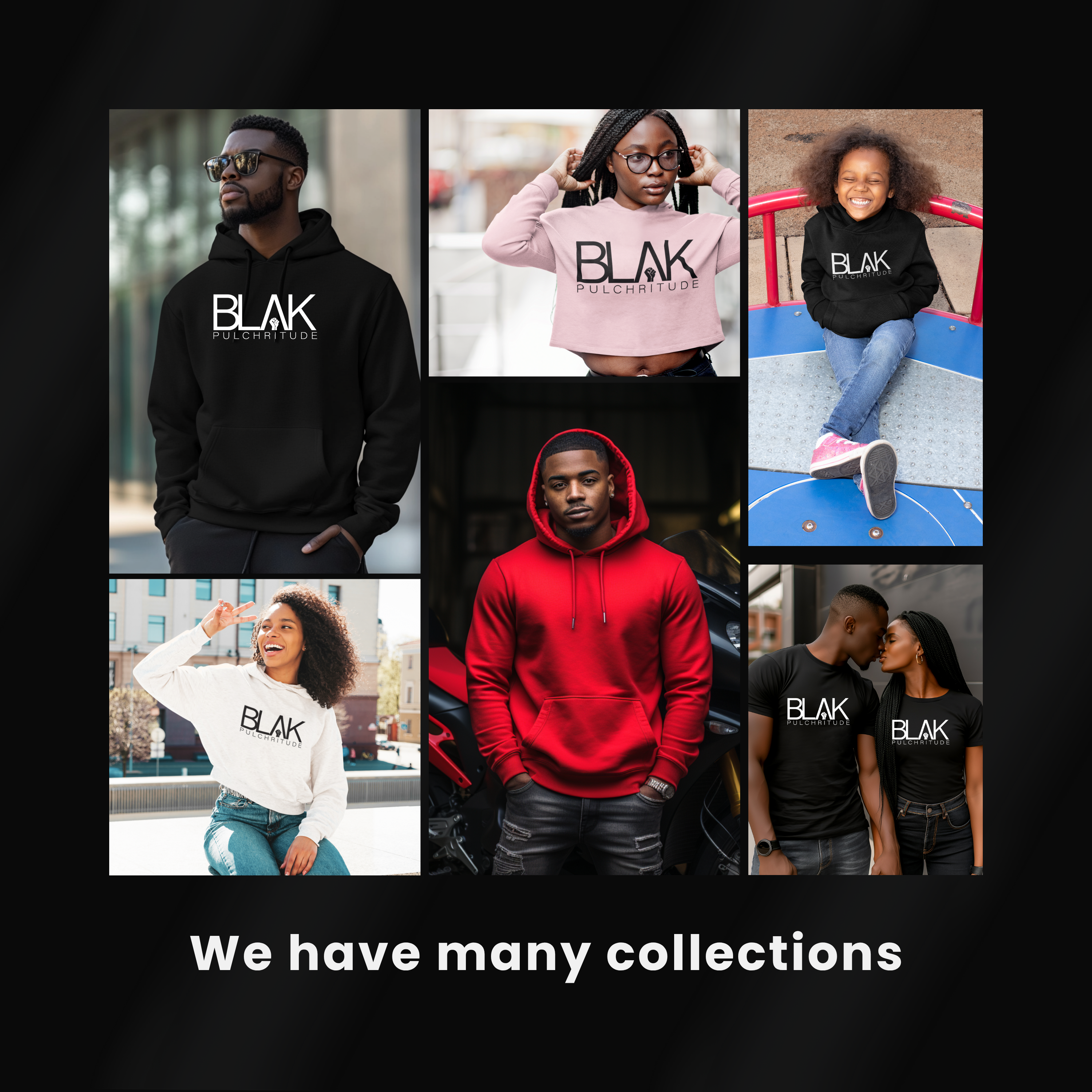 A stunning collage of diverse Black individuals wearing BLVK Pulchritude apparel—bold, iconic, and united through fashion and purpose.