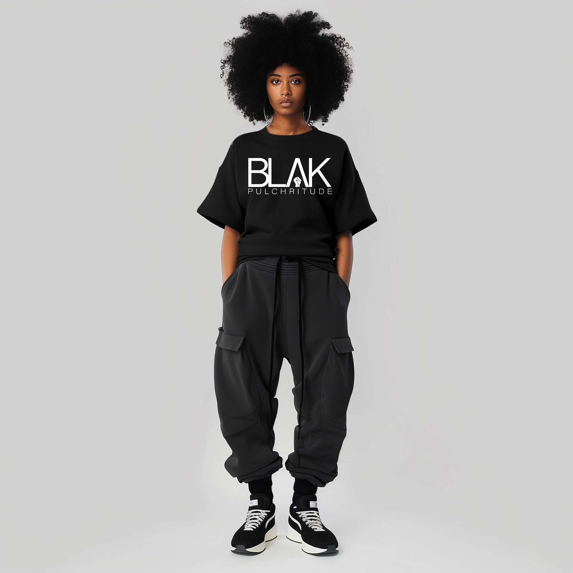 BLACK WOMAN WEARING BLVK PULCHRITUDE T-SHIRT STANDING CONFIDENTLY