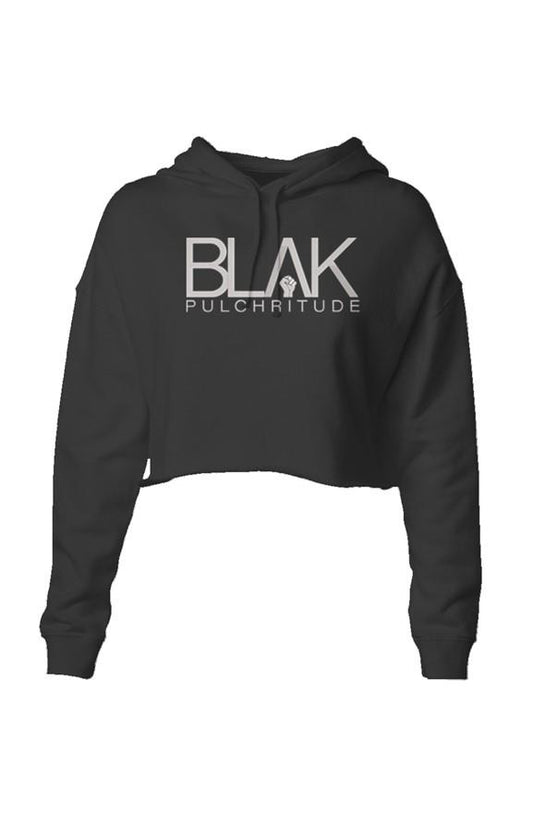 BLVK PULCHRITUDE women’s black cropped hoodie with bold white logo