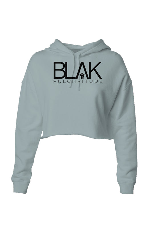 Women’s sage green cropped hoodie by BLVK PULCHRITUDE with statement branding.