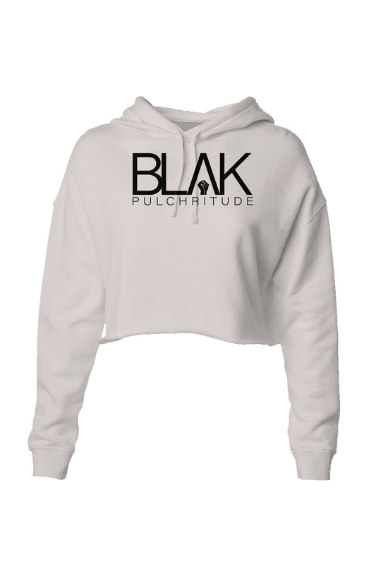 Bone-colored women’s cropped hoodie with BLVK PULCHRITUDE logo design
