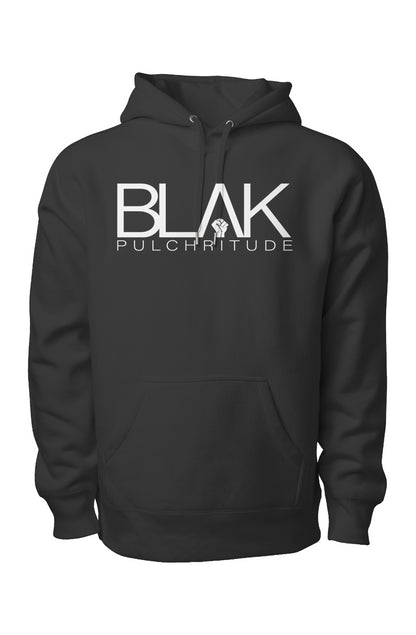 BLVK PULCHRITUDE men’s heavyweight black hoodie with bold white logo.