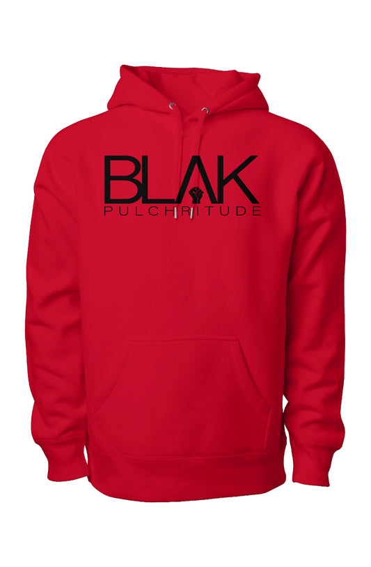 BLVK PULCHRITUDE heavyweight red hoodie for men with bold chest print.