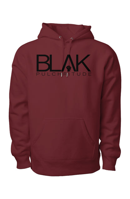 BLVK PULCHRITUDE men’s maroon hoodie featuring centered white branding