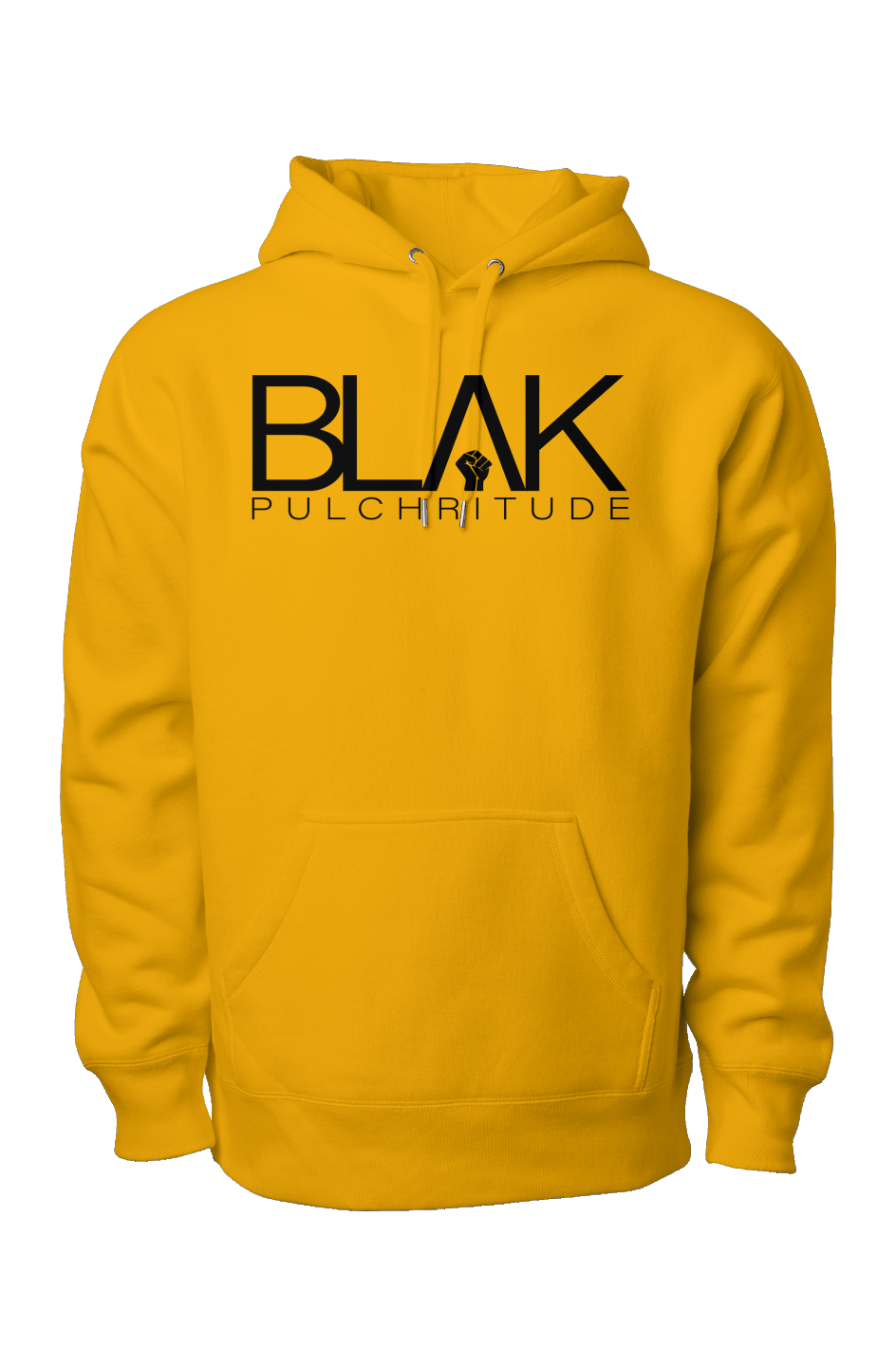 Adult yellow hoodie with BLVK Pulchritude logo, front-facing product display.