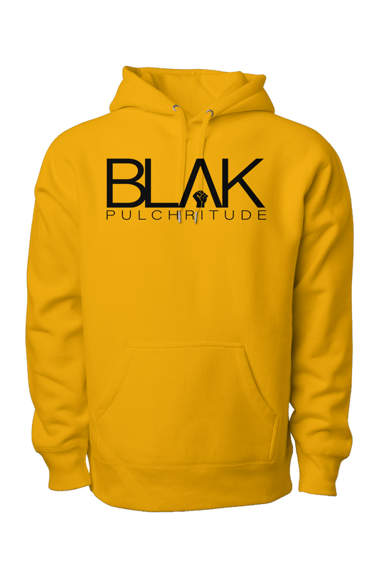 Adult yellow hoodie with BLVK Pulchritude logo, front-facing product display.