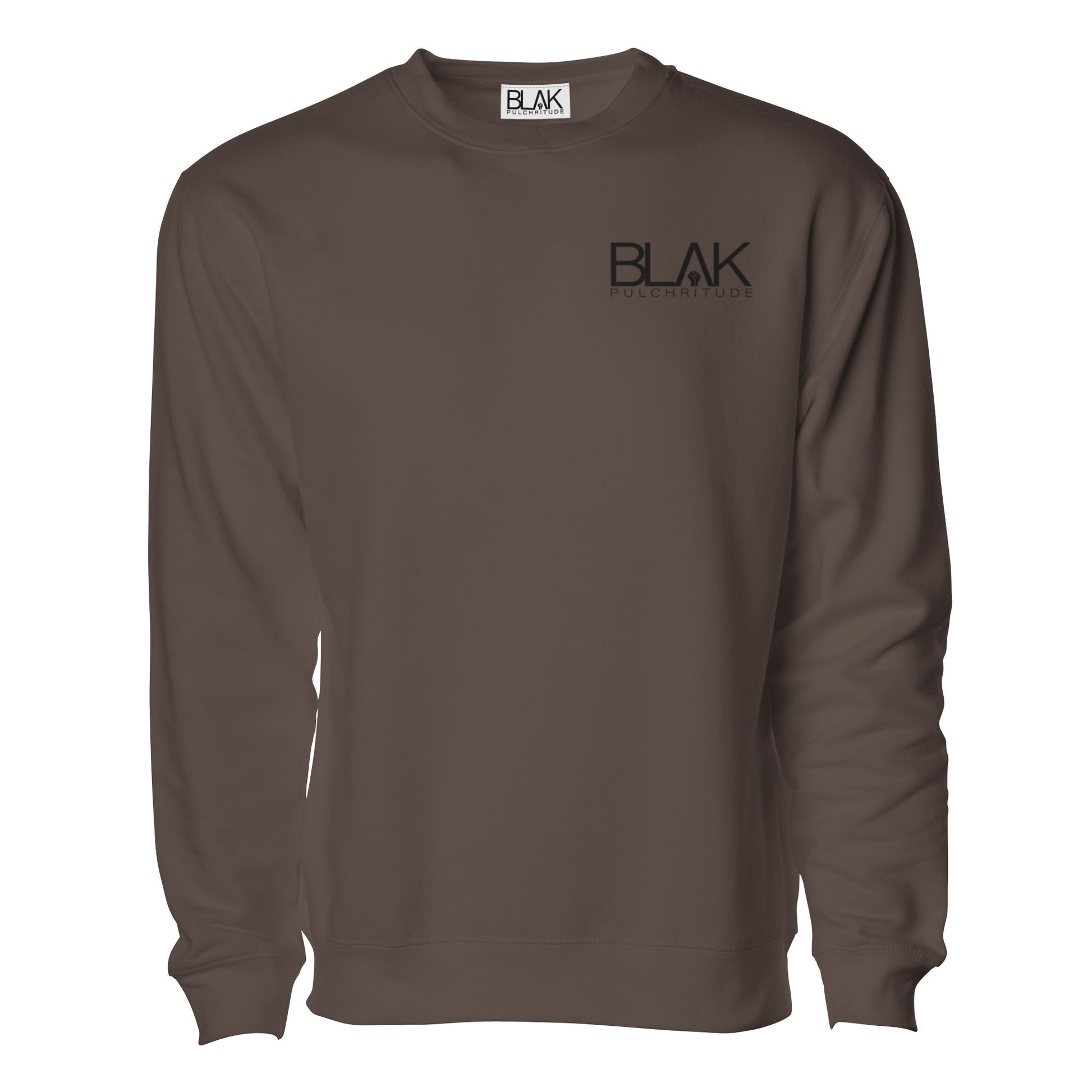 Brown crewneck sweatshirt with small white BLVK PULCHRITUDE logo on left chest – The Crest Collection.