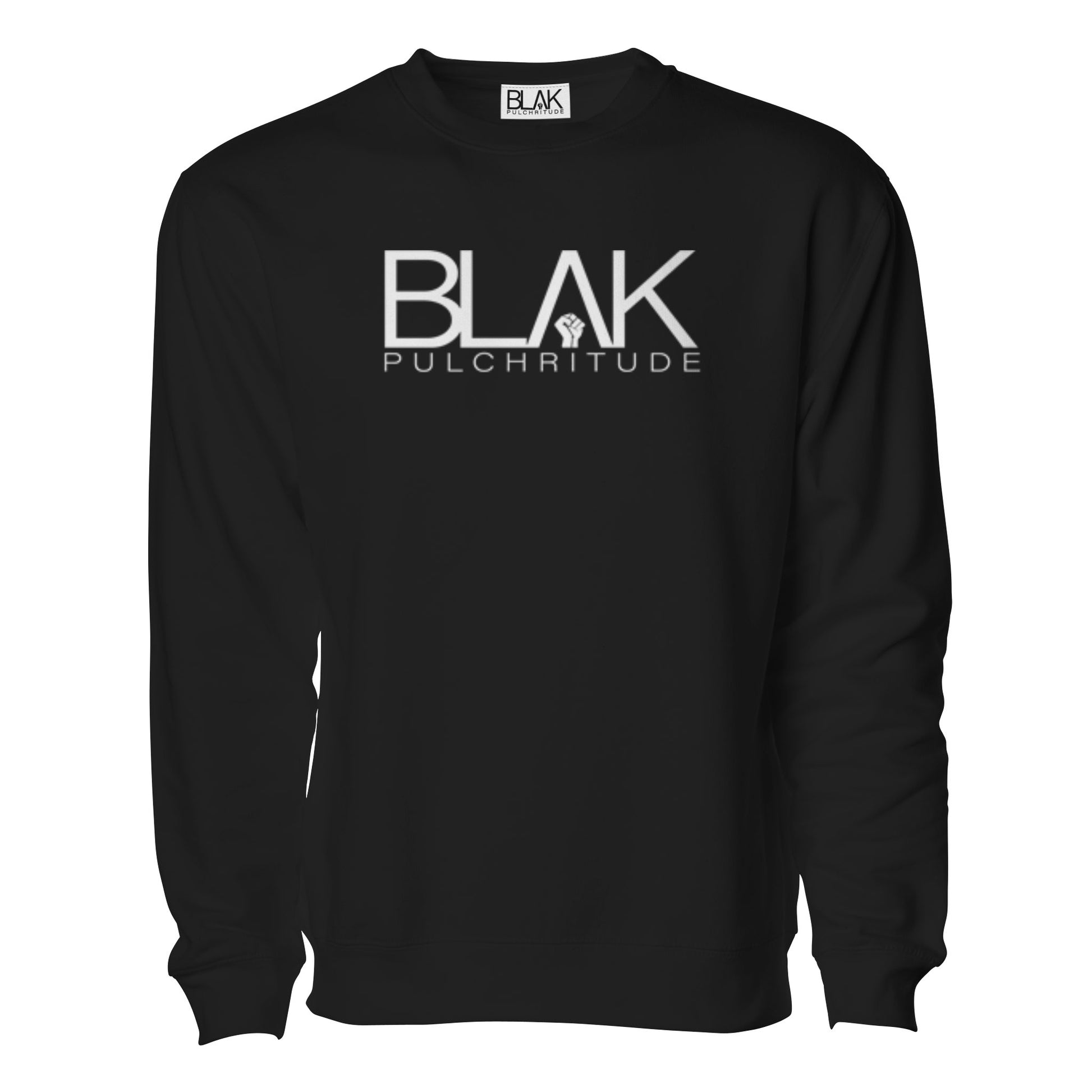 Black crewneck sweatshirt with large BLVK Pulchritude front logo, bold luxury streetwear style.