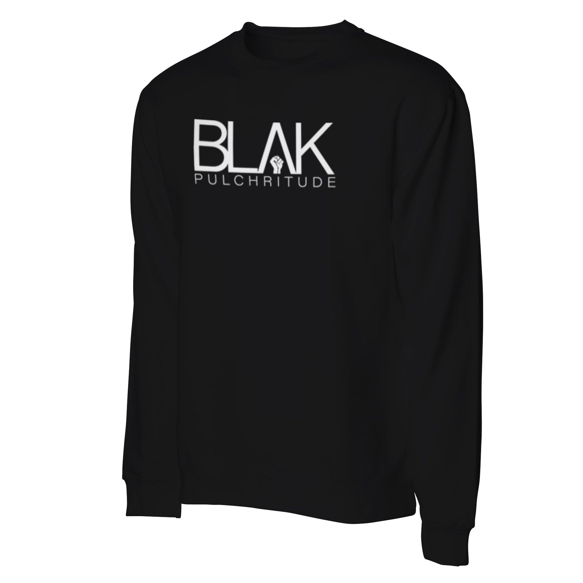 Black crewneck sweatshirt with large BLVK Pulchritude front logo, bold luxury streetwear style.