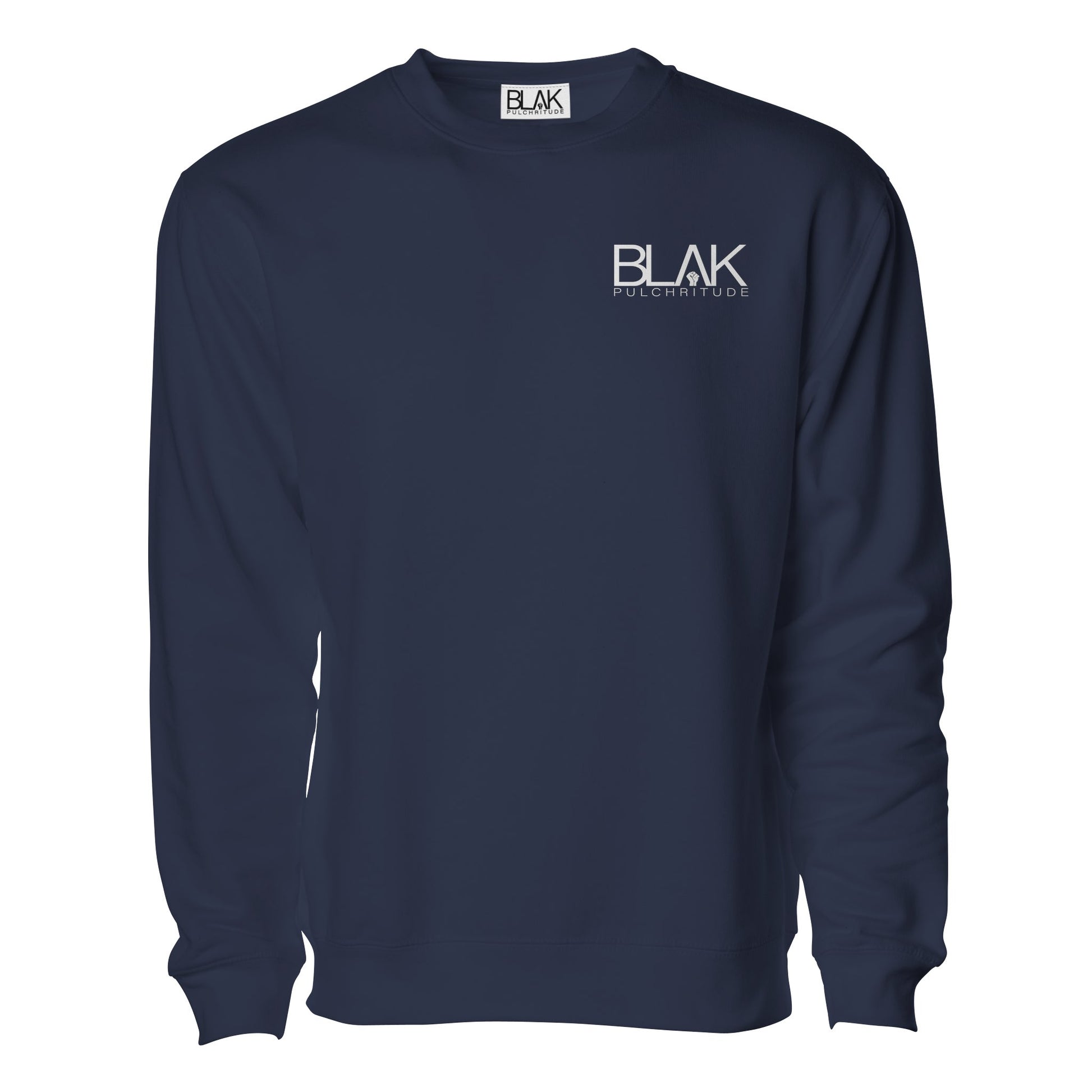 Navy crewneck sweatshirt with small BLVK Pulchritude chest logo, minimal quiet-luxury design.