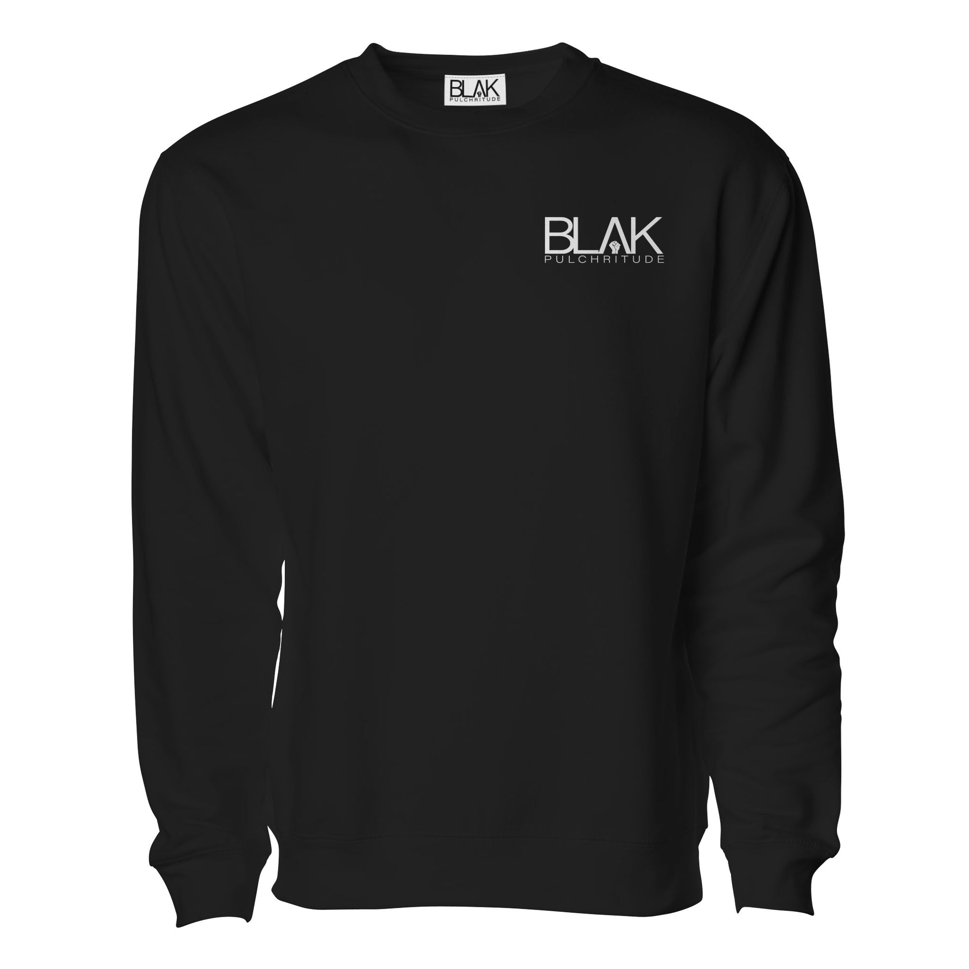 Unisex crewneck sweatshirt with small BLVK Pulchritude chest logo, minimal and luxury-inspired design.
