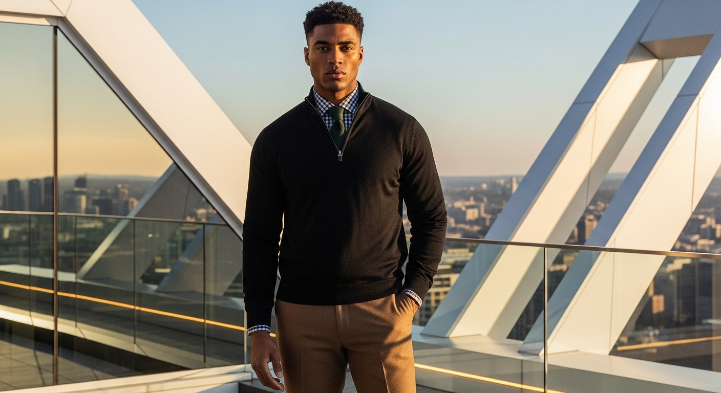 Luxury rooftop shot of a stylish Black man wearing a black quarter-zip sweater layered over a dress shirt and tie, camel tailored slacks, and hard-bottom shoes — BLVK PULCHRITUDE menswear hero image.